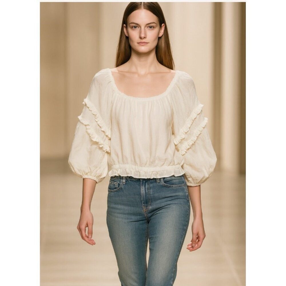 Ramy Brook Cream Ruffle Peasant Blouse M Puff Sleeve Boho Chic Crinkle Top Silk
